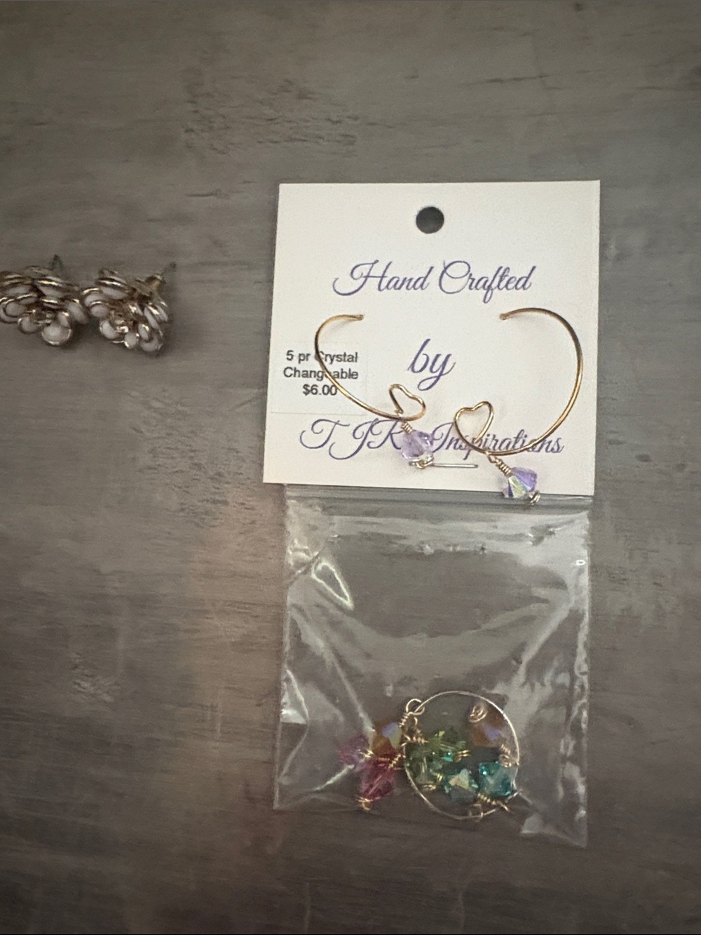 Hand Crafted Hoop Earrings with Pink and Teal Crystal Charms